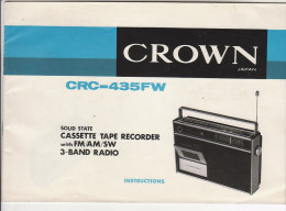 C1144 - LIBRETTO ISTRUZIONI APPARECCHIO RADIO - CASSETTE TAPE RECORDER CRC-435FW CROWN Japan - Libros Y Esbozos