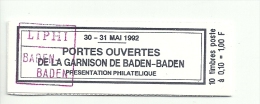 30-31 Mai 1992 - ALLEMAGNE - BADEN-BADEN - Portes Ouvertes à La Garnison 1à Timbres à 0,10 = 1 F - Commemoratives