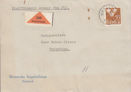 Sweden WESTERVIKS SEGELSÄLLSKAP Postförskott Remboursement Label Deluxe VÄSTERVIK 1951 Cover To TORSBY - Cartas & Documentos