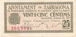 BILLETE DE 25 CTS DEL AJUNTAMENT DE TARRAGONA DEL AÑO 1937 (BANKNOTE) - Otros & Sin Clasificación