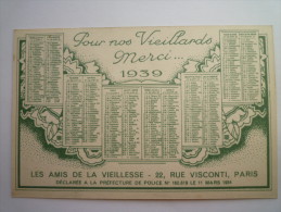 Calendrier  1939  :  Pour Nos  VIEILLARDS  Merci - Tamaño Grande : 1921-40