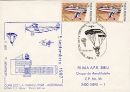 PLANES, PARACHUTING, SPECIAL COVER, 1987, ROMANIA - Parachutting