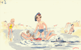 Janser Signe Illustrateur Swimming Enfants  Chien  Postcard Cpa. 1955 - Janser