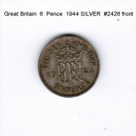 GREAT BRITAIN    6  PENCE  SILVER  1944 (KM # 852) - H. 6 Pence