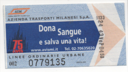Alt323 Biglietto, Ticket, Billet, Bus Autobus Metro Tram Tramways Milano Milan ATM AVIS Donatori Sangue - Europe