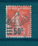 VARIÉTÉS FRANCE 1926 / 27 N° 225  SEMEUSE SURCHARGE BARRE 50 C OBLITÉRÉ  DOS CHARNIÈRES 22.00 € + - Used Stamps