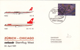 Erstflug Zurich Chicago 1981 - DC10 Swissair - 1er Vol Flight - USA - Erst- U. Sonderflugbriefe