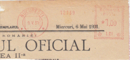 AMOUNT, LAW PAPER, BUCHAREST, MACHINE POSTMARKS ON FRAGMENT, 1931, ROMANIA - Franking Machines (EMA)