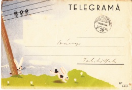 TELEGRAM FORM WITH ENVELOPE, BUNNIES, SWALLOWS, TELEGRAPH POLE, 1940, ROMANIA - Telégrafos