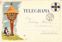 TELEGRAM FORM WITH ENVELOPE, SHEPHARD, MUSHROOMS, CARVED WOOD CROSS, 1940, ROMANIA - Telégrafos