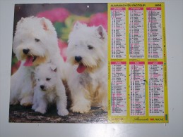 1992 CALENDRIER (double) ALMANACH DU FACTEUR, LA POSTE, YORKSHIRE TERRIER, WHITE TERRIER, ALMANACHS LAVIGNE, ARDENNES 08 - Big : 1991-00