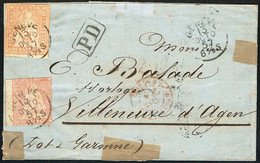 LETTRE OBLITERE .13.10.1857. GENEVE & VILLENEUVE-SUR-LOT .18.10.1857. C/.S.B.K. Nr:24G.25G. FIL DE SOIE VERT . - Covers & Documents