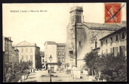 CPA ANCIENNE- FRANCE- SIGEAN (11)- PLACE DU MARCHÉ- EGLISE- FONTAINE- RÉVERBERE- ATTELAGE- TENTE- - Sigean