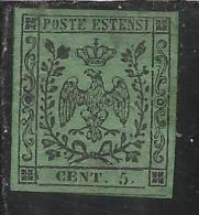 ANTICHI STATI ITALIANI ASI 1852 1855 MODENA AQUILA ESTENSE CENT. 5c VERDE OLIVA CON PUNTO MH - Modène