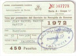 Tasa Prestacion Servicio Recogida De Basuras, Ayuntamiento Valencia, Espana; Taxe Ordures Ménagères, 1972 - Spain