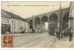 Carte Postale Ancienne Viroflay - L'arrêt Du Tramway Et Le Viaduc  - Chemin De Fer - Viroflay