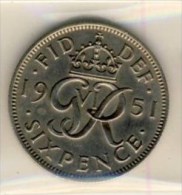 PIECE MONNAIE 6 Pence 1951  #GRANDE BRETAGNE # GEORGE VI # GEORGIUS - H. 6 Pence