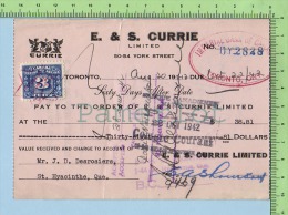 #FX64  3 CENT SUR PAY ORDER  E & S  CURRIE YORK STREET TORONTO 1942  2SCANS - Cheques & Traveler's Cheques