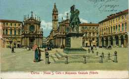 TORINO - PIAZZA S. CARLO E MONUMENTO EMANUELE FILIBERTO - VG 1909 XVERCELLI ORIGINALE D´EPOCA 100% - Piazze