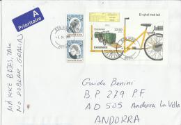 DENMARK 2013– LARGE COVER EUROPA - POSTAL VEHICLE - ELECTRIC BIKE WITH LOAD SOUVENIR SHEET FROM DENMARK  TO ANDORRA W 1 - Briefe U. Dokumente