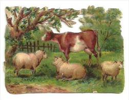 Découpis Gaufrés, Brillant, Scène Champêtre, Vache, Moutons, DIM 4cm X 3cm - Animals
