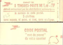 CARNET 2102-C 1a Sabine De Gandon "CODE POSTAL" Fermé. Variété Impression LOGO Au Verso TRES Défectueuse, RARE - Markenheftchen