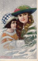 Belle Illustrée Signée X. MAUZAN : Femme Et Petite Fille Dans La Neige - Mauzan, L.A.