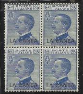 LA CANEA 1907 - 1912 SOPRASTAMPATO D´ITALIA ITALY OVERPRINTED 25 CENT MNH QUARTINA BLOCK 4 BEN CENTRATA - La Canea