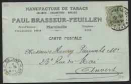 Obl. Fortune BELGIQUE *3* BELGIE S/carte Postale De Marcinelle 15/5/19 + Tabacs Cigares  Cigarettes Paul Brasseur (378) - Tobacco