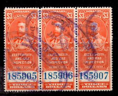 Canada 1930 $3 Light And Gas Inspection Issue #feg6  Strip Of 3 - Steuermarken