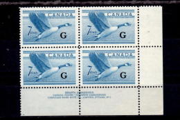 Canada 1952 7 Cent Canada Goose Overprint Issue #O31  Block Of 4 MNH - Overprinted