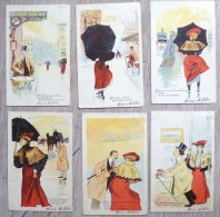 Cpa Serie COMPLETE 6x Litho ILLUSTRATEUR THIELE SAGER GERBAULT Mouton ? Homme Grivois SUIVEUR Femme Parapluie Robe Rouge - Thiele, Arthur