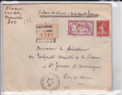 1923 - ENVELOPPE CHARGEE De CLERMONT-FERRAND Pour ST GERVAIS - MERSON + SEMEUSE - Covers & Documents