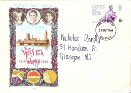 Great Britain 1968  Anniversaries; 50th Ann.of Votes For Women  Emmeline Pankhurst  FDC (Cancelled Glasgow) - 1952-1971 Dezimalausgaben (Vorläufer)