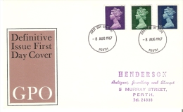 Great Britain 1967  QE2  Machins  3d,9d + 1/6d  FDC (Cancelled Perth Scotland) - 1952-1971 Pre-Decimal Issues