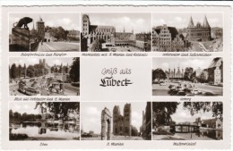 Lubeck Germany,  Gruss Au Lubeck Multi-view Scenes, Market Street Cars Church, C1940s Vintage Postcard - Luebeck