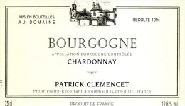 Etiquette Neuve De Vin De Bourgogne Chardonnay - CLEMENCET - Bourgogne