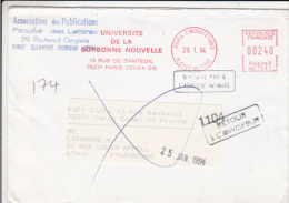 AMOUNT 240, PARIS, UNIVERSITY, EUROPE COUNCIL, SPECIAL MACHINE POSTMARK ON COVER, 1994, FRANCE - Brieven En Documenten