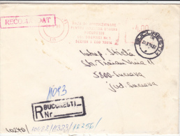 AMOUNT 4.00, BUCHAREST, TEXTILE COMPANY METERMARK, MACHINE STAMPS ON REGISTERED COVER, 1990, ROMANIA - Franking Machines (EMA)