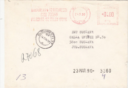 AMOUNT 4.00, BUCHAREST, COMPANY, MACHINE STAMPS ON REGISTERED COVER, 1990, ROMANIA - Máquinas Franqueo (EMA)