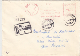 AMOUNT 4.00, BUCHAREST, STATE LIBRARY, MACHINE STAMPS ON REGISTERED COVER, 1989, ROMANIA - Macchine Per Obliterare (EMA)