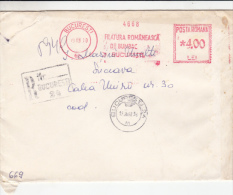 AMOUNT 4.00, BUCHAREST, TEXTILE COMPANY, MACHINE STAMPS ON REGISTERED COVER, 1990, ROMANIA - Franking Machines (EMA)