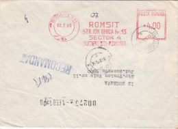 AMOUNT 4.00, BUCHAREST, COMPANY, MACHINE STAMPS ON REGISTERED COVER, 1990, ROMANIA - Franking Machines (EMA)