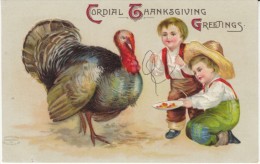 Thanksgiving Greetings, Clapsaddle(?) Image, Boys Lure Turkey, C1900s/10s Vintage Postcard - Thanksgiving