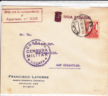 ESPAGNE - 1938 - ENVELOPPE De BILBAO Avec CENSURE De VIZCAYA + "VIVA ESPANA" Pour SAN SEBASTIAN - Storia Postale