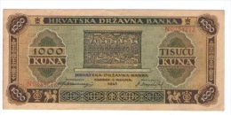 HRVATSKA CROATIA  1000 KUNA 1943 BANKNOTE - Croatia
