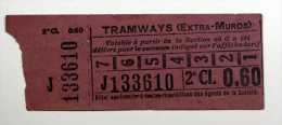 Billet  Papier Tramways Extra Muros 2éme Classe 60cts Coll Schnabel à Situer - Europe