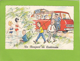 CPA - Un Bonjour De QUIEVRAIN - Carte Illustrée  Pêche Et  Autobus - Quievrain