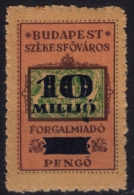 1945-1946 Hungary - BUDAPEST City Local (sales Tax) Revenue Stamp - 10 Mil. P - MNH - Steuermarken