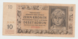 Bohemia &amp; Moravia 10 Korun 1942 VF+ CRISP Banknote WWII P 8 - WW2